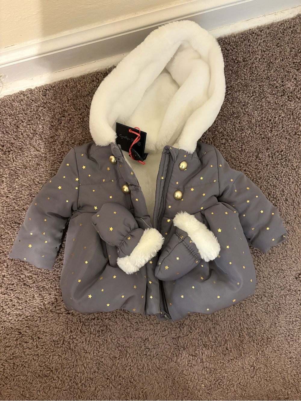New  Gray Star-Print Puffer Jacket with White Faux-Fur Hood